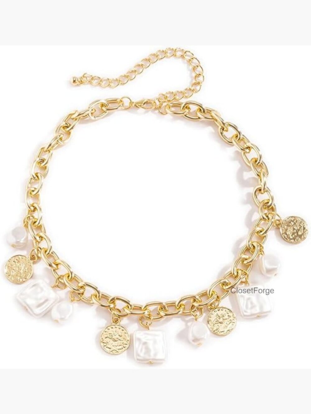 Punk Cuban Link Chain Choker with Pearl Coin Pendant Baroque Statement Necklace